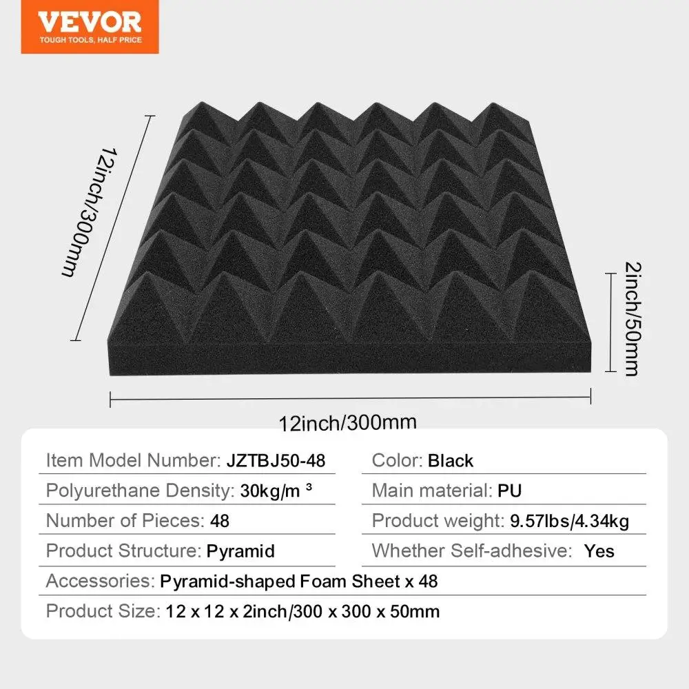 吸音フォームパネル 壁と天井パネル用吸音 48パック 12x12x2インチ 粘着裏地