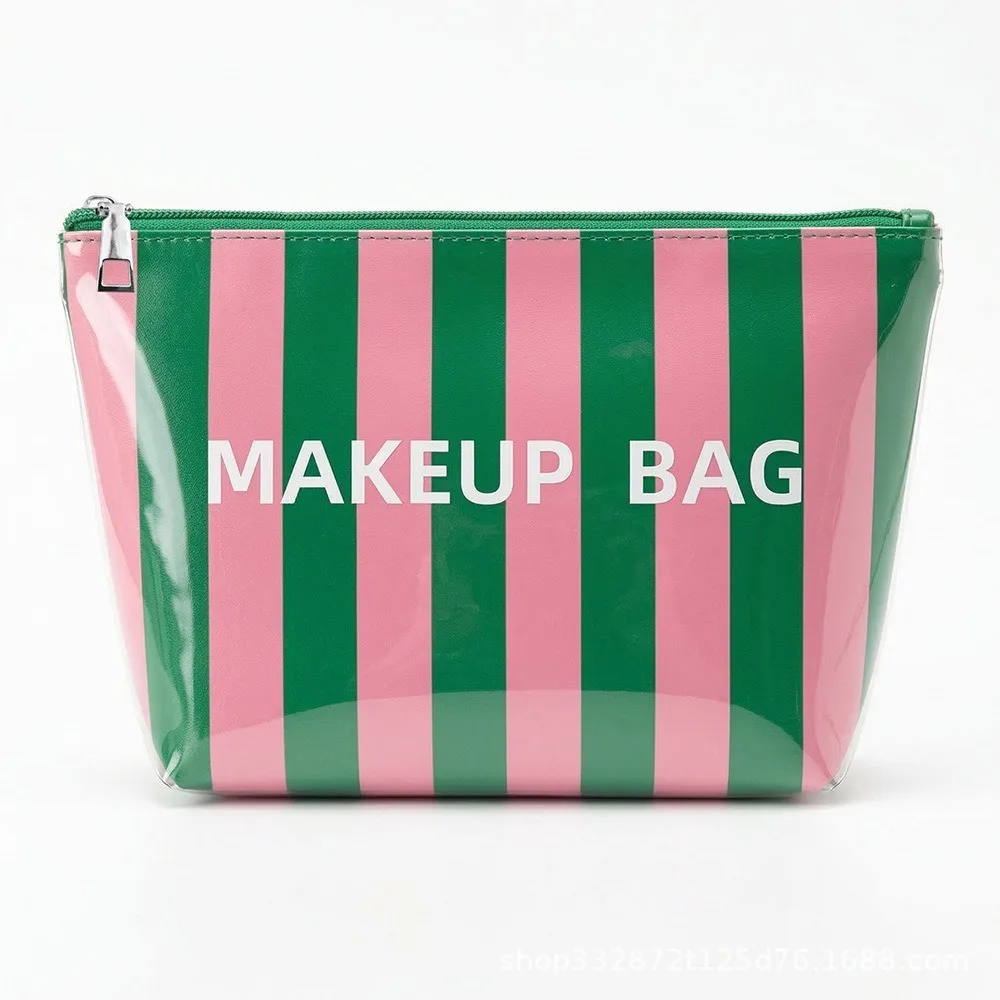 Sac de maquillage rayé durable de grande capacité, sac cosmétique imperméable en PVC, sac de rangement léger en PVC pour femmes