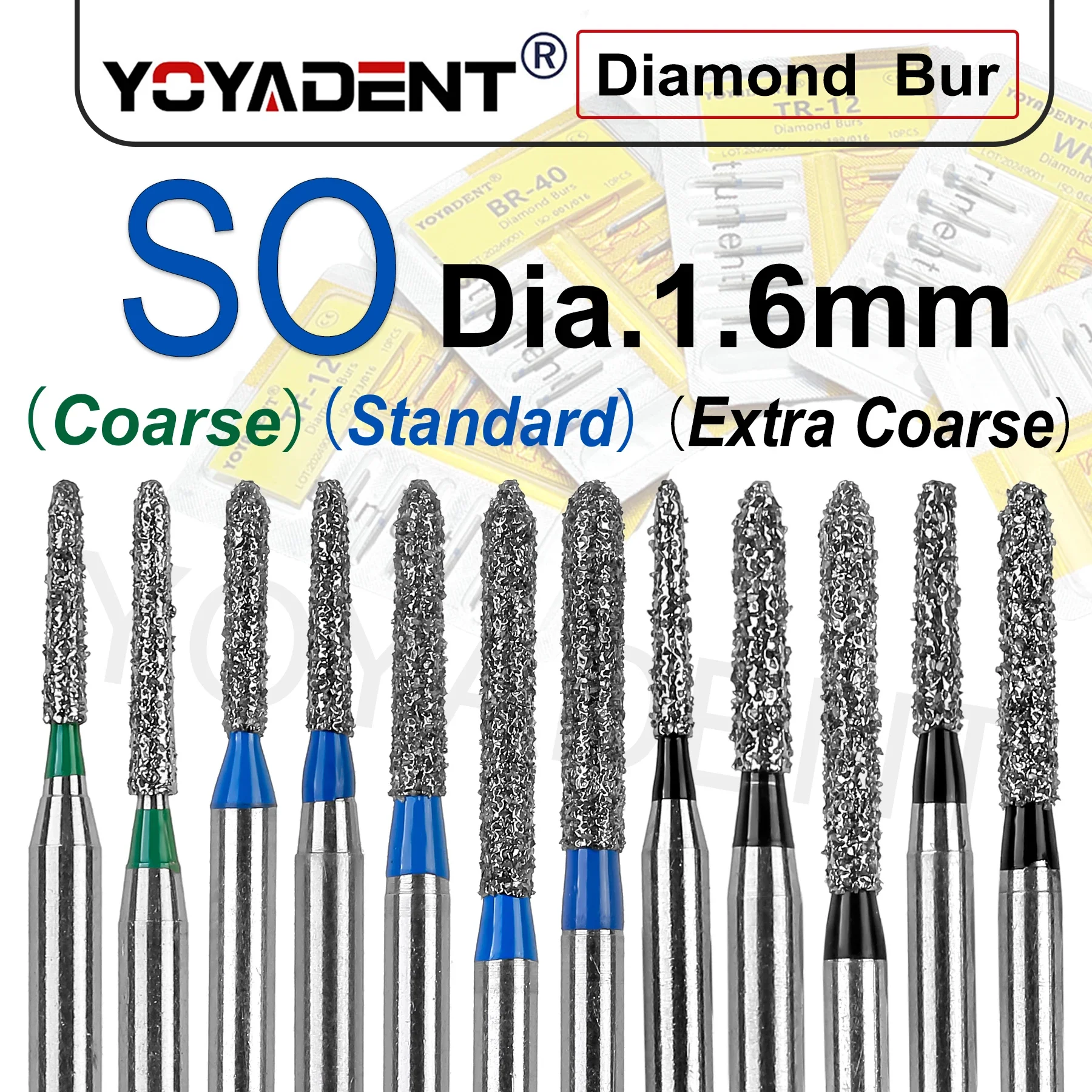 Dental Diamond Burs SO Extra Coarse/Coarse/Standard Type Dentistry Drills For High Speed Handpiece Dia.1.6mm 10Pcs/Pack