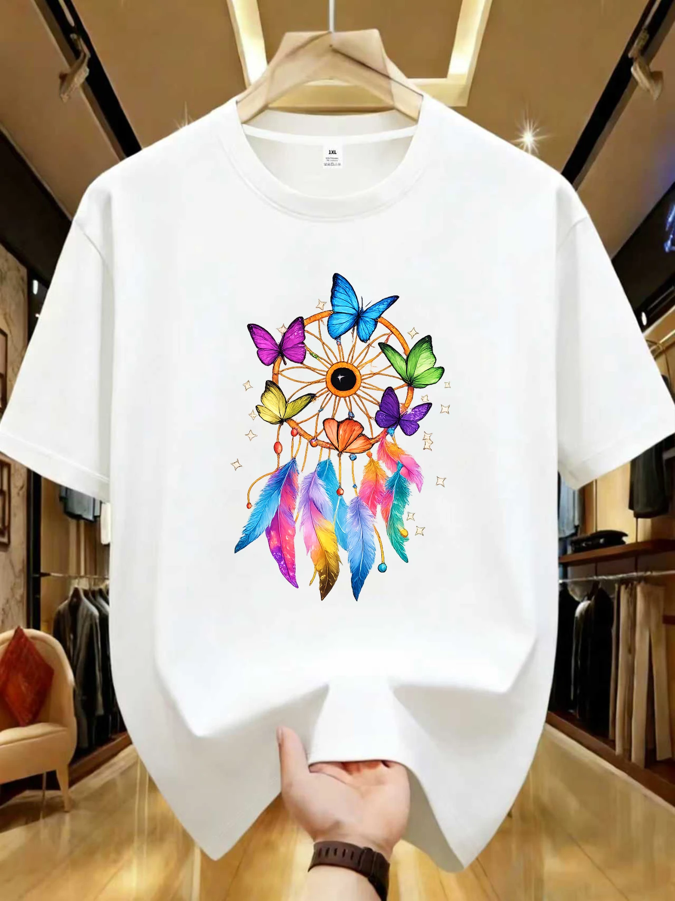 

【WZM1021356】Creative butterfly print plus size women's round neck summer casual short sleeved street fashion versatile T-shirt