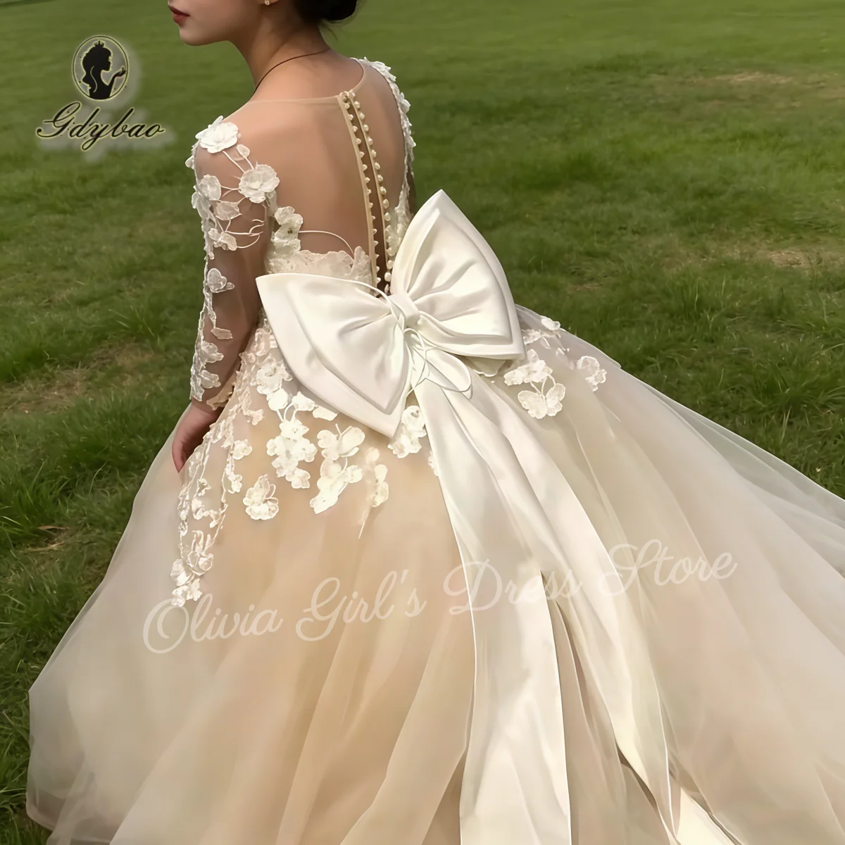 

Custom Sheer Lace Flower Girl Dress with Bow Back for Ages 2-14 Perfect for Weddings Beauty Pageants And Birthday Parties