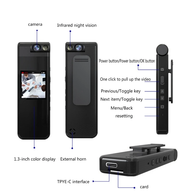 Portable L13 Video Recorder 1080P Body Camera Video Sound Recorder Camcorder 180° Rotation LED Fill Light