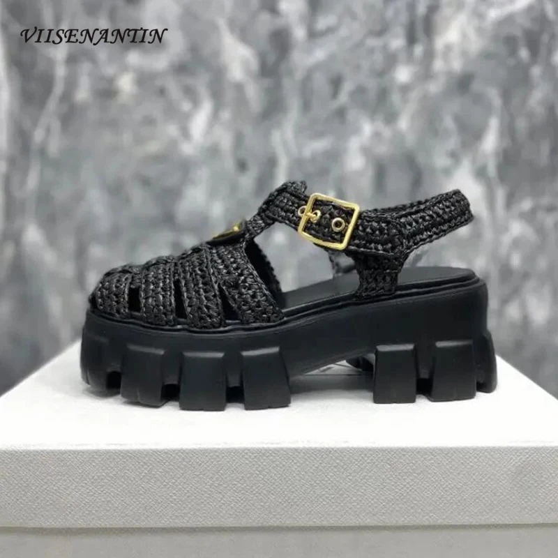 

Hot Sale Weave Cane Hollow Round Toe Thick Bottom Sandals Women Baotoe Height Increased Platform Flat Casual Summer Shoe Females