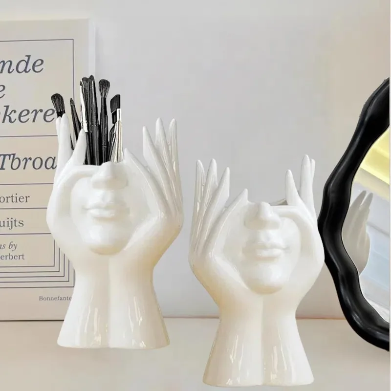 Estátua de arte de luxo leve com imagem facial, vaso, caixa de armazenamento de cosméticos, suporte multifuncional para pincéis de maquiagem + organizador de ferramentas de maquiagem.