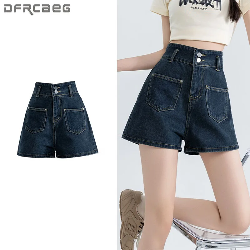 

Джинсовые шорты женские, лето 2025 года, новый корейский стиль, модные карманы, свободный стиль, синие джинсовые шорты для женщин, повседневные короткие джинсы для женщин