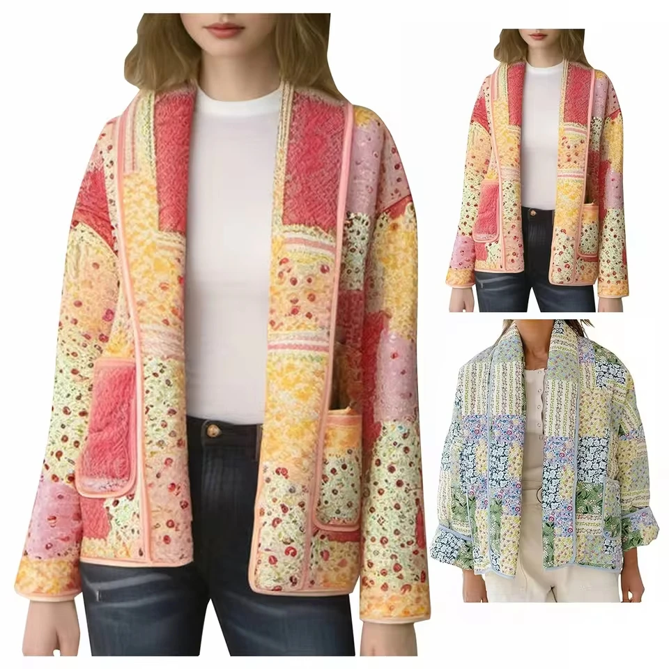 Women's Cropped Floral Quilted Cardigan Printed Lightweight Open Front Padded Coat Outwear Warm Winter Women