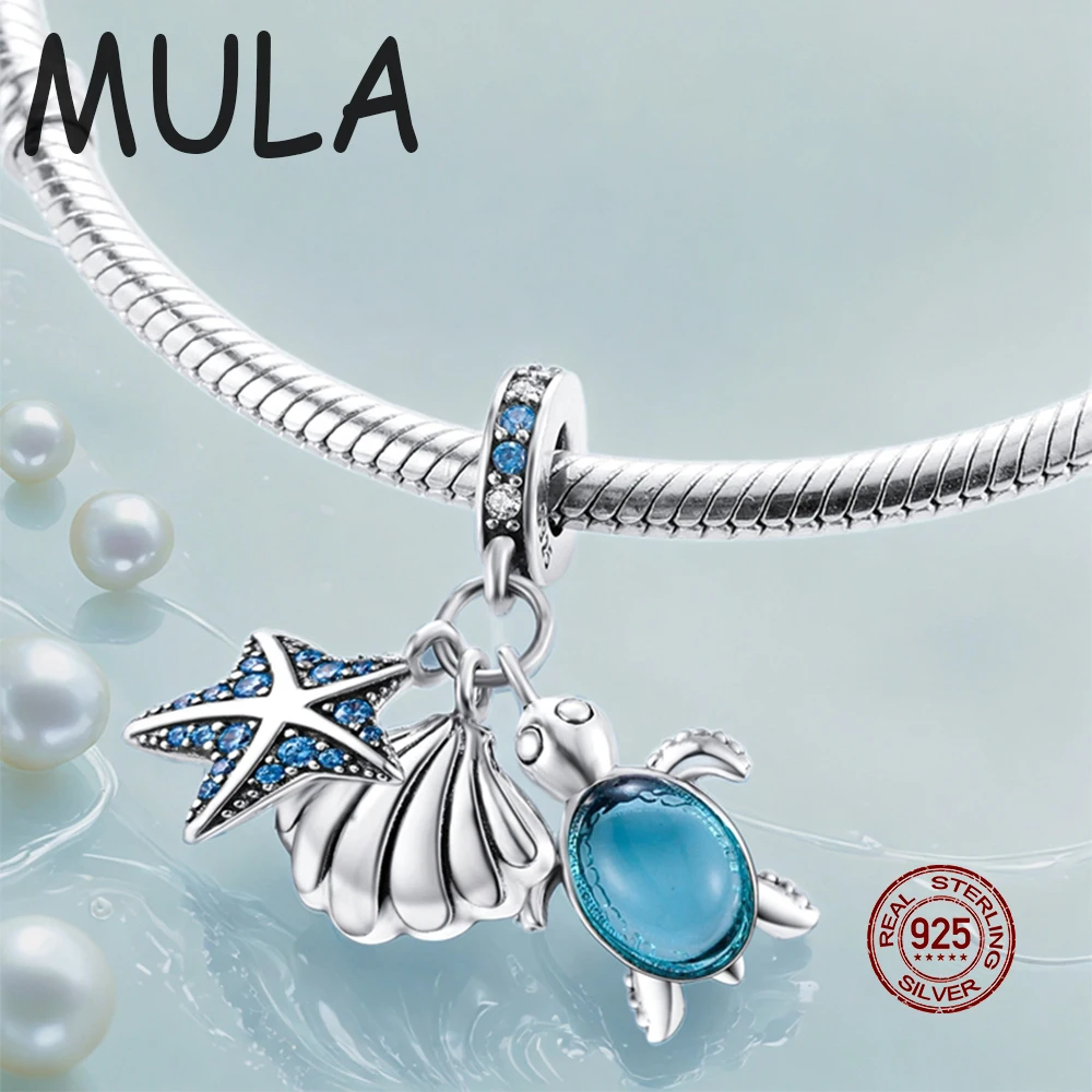 Mula 1pc 925 prata esterlina vieira estrela do mar tartaruga encantos contas caber pulseira original fazendo jóias finas feminino presente diy