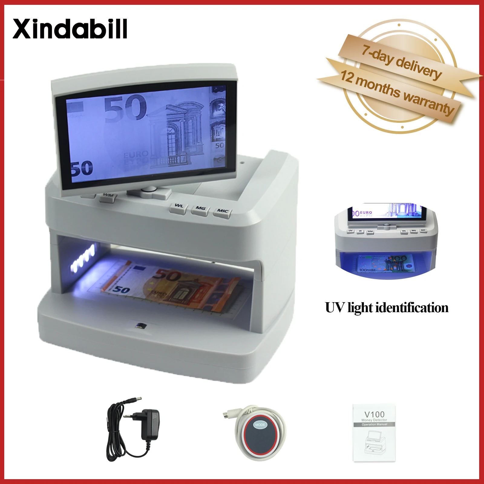 V100 Money Detector UV/MG/IR/WM Bill Cash Checker Multi Currency Banknote Counterfeit Verifier Machine