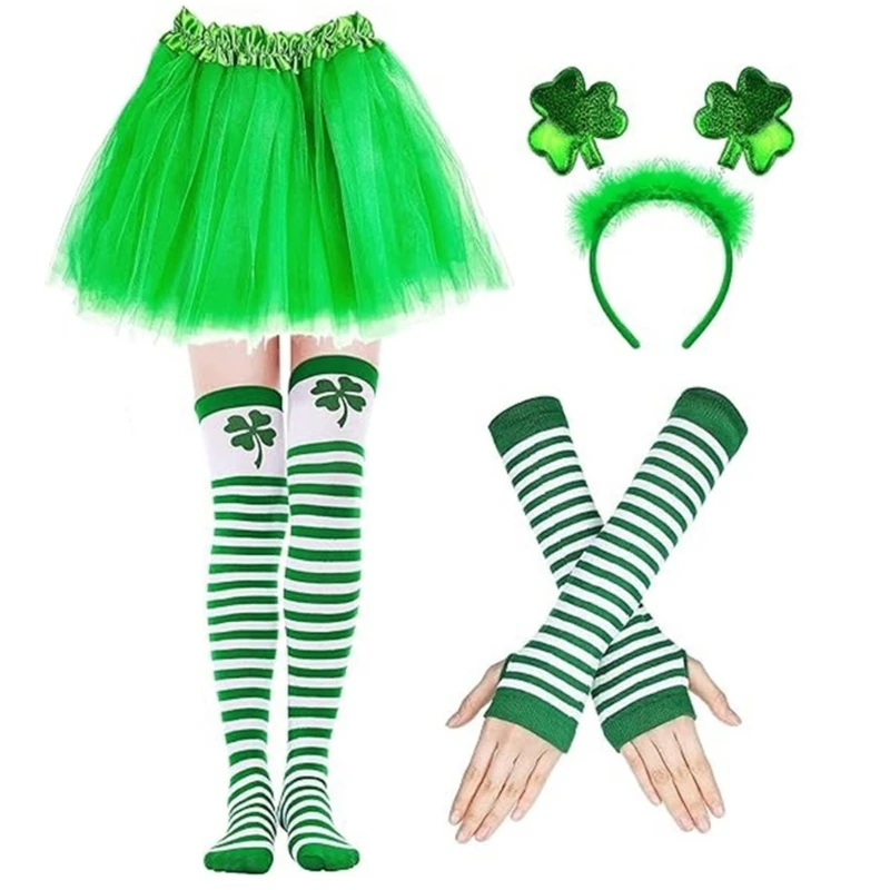 Trajes festivos do Dia da Irlanda para meninas com saia malha, faixa cabeça, meia, mangas braço