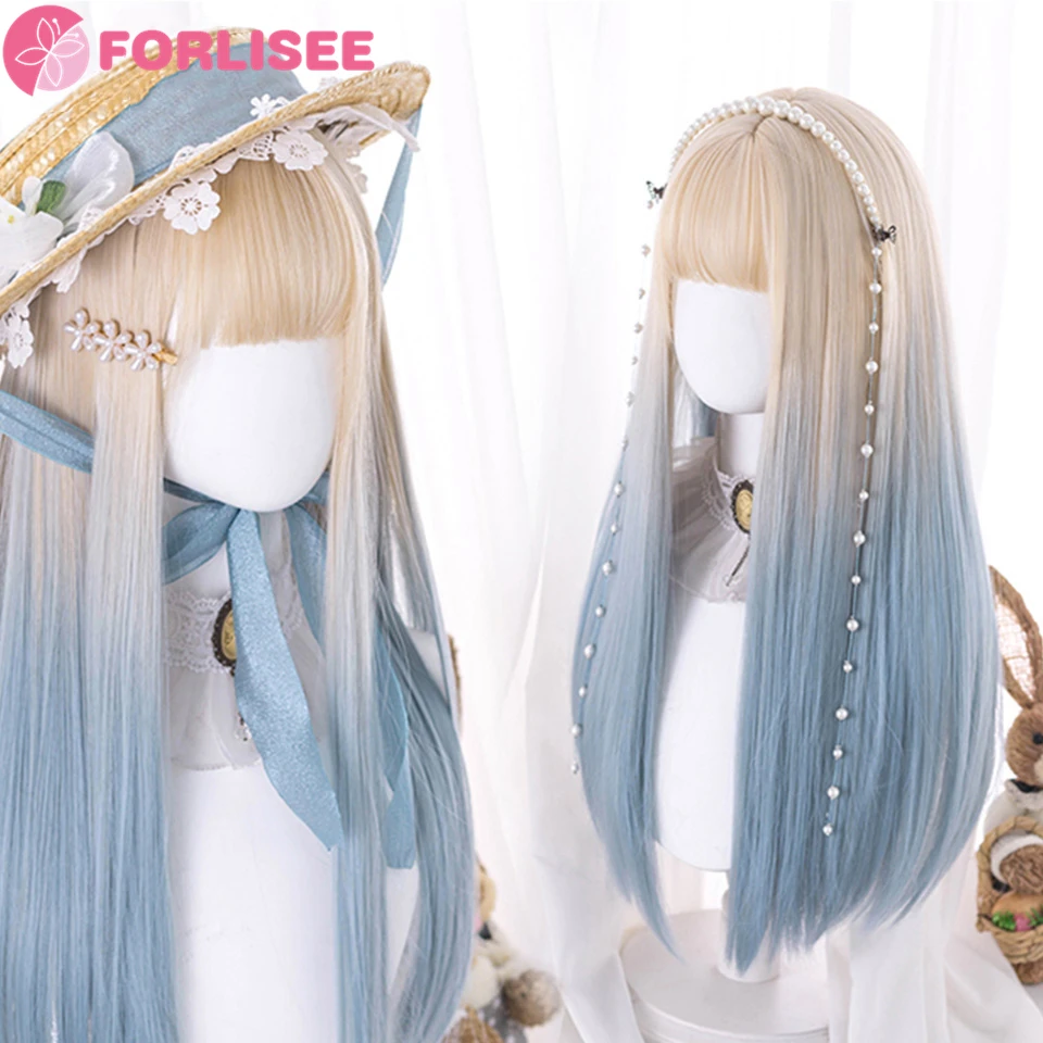 FORLISEE Wig Sintetis Putih Panjang dengan Poni Cosplay Wig Lurus dengan Coklat Menyorot Rambut Palsu Alami untuk Wanita Kulit Hitam