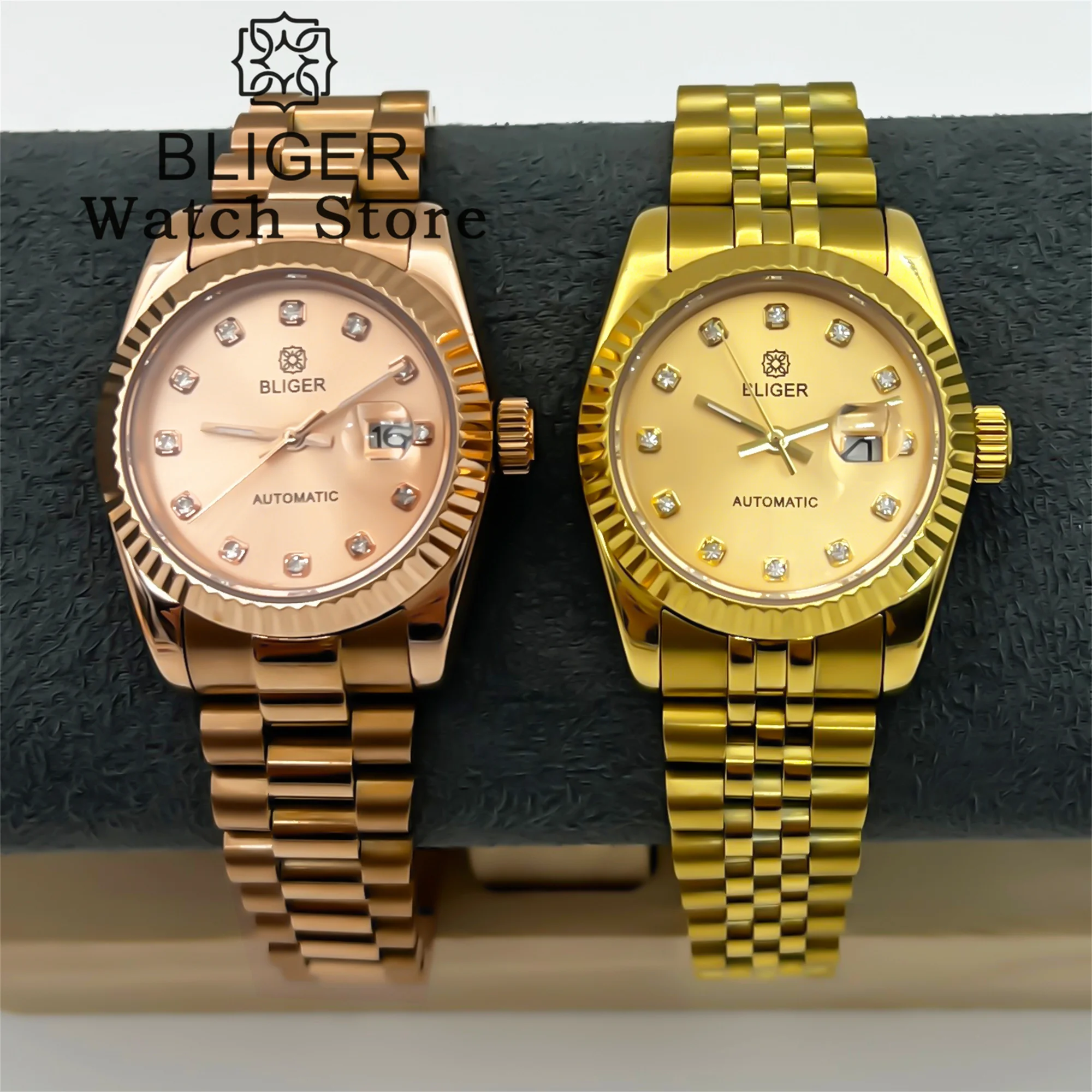 BLIGER 31mm Lady's Wristwatch NH05 Automatic Movt Rose Gold Watch Steel Case Sapphire Cyclop Fluted Bezel Business Girl's Watch