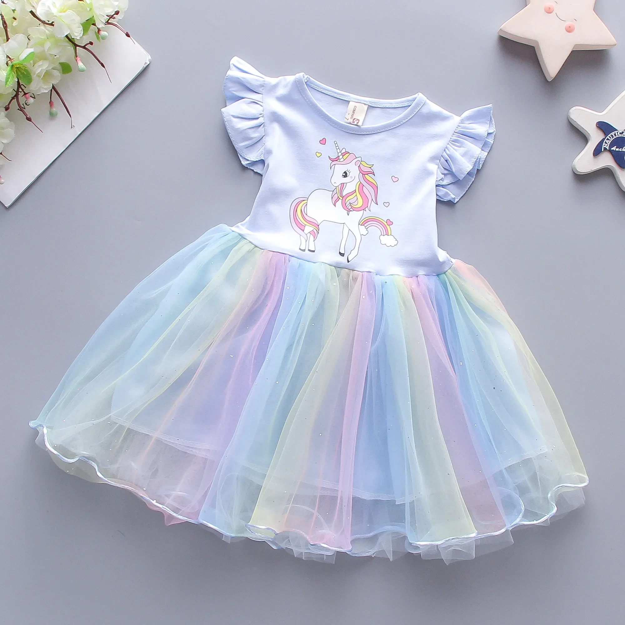 Summer Girls\' Dress Children\'s Wear New Cartoon Cloud Little Horse Rainbow Gradient Mesh Sleeveless Children\'s Dress