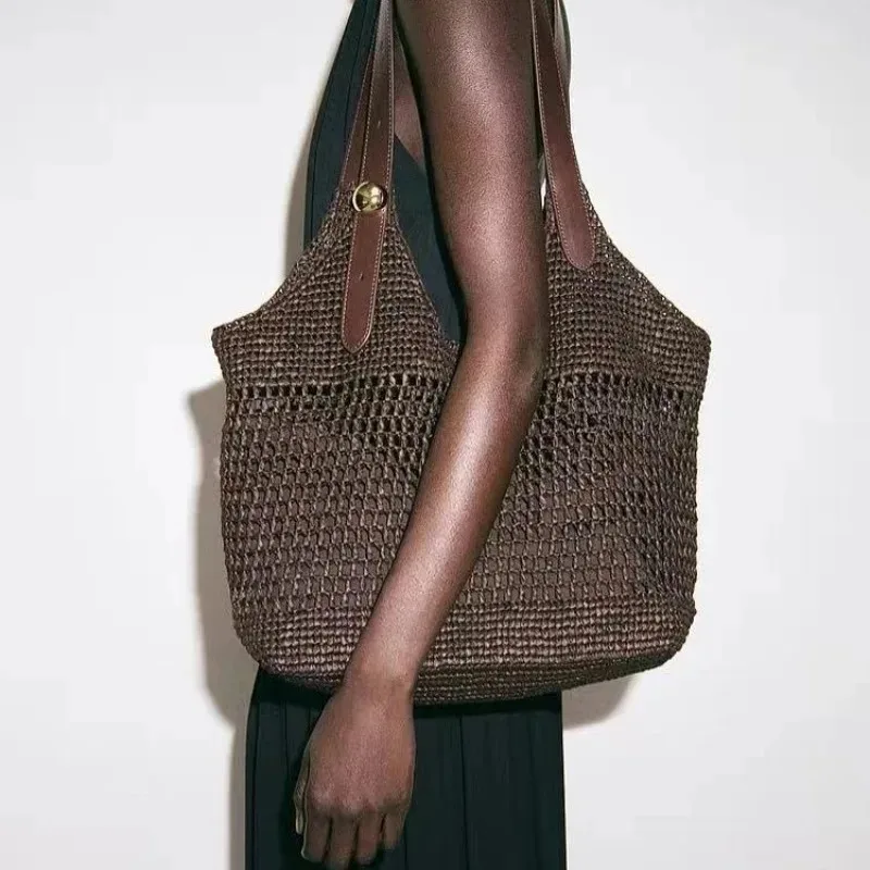 2026 New Handwoven Large Capacity Hollow out Straw Tote Bag Casual Beach Vacation Women's HandbagTravel Leisure Soft Square