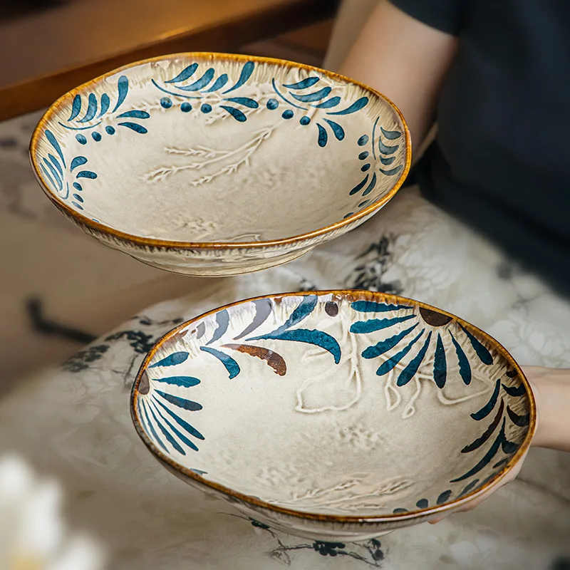 

Vintage Retro Embossed Ceramic Plate Unique Shape American Style Salad Dish for Restaurant