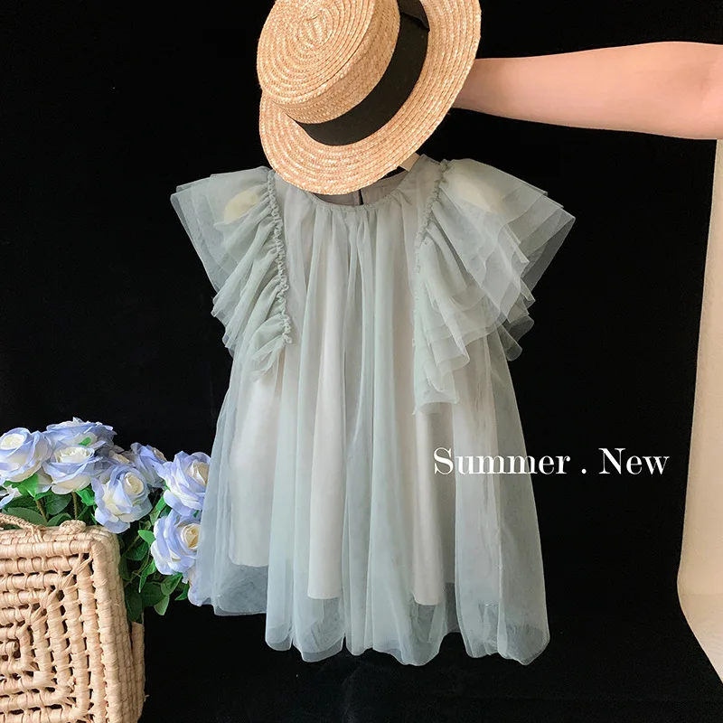 Girls' Summer Dress2024New Baby Western Style Children's Pure Color Mesh Flounced Sleeve Princess Dress