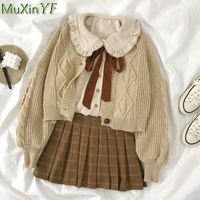 New Autumn Winter Student Clothing Set Korean Women's Preppy Style Knit Jacket Peter Pan Collar Shirt Plaid Mini Skirt Outfits