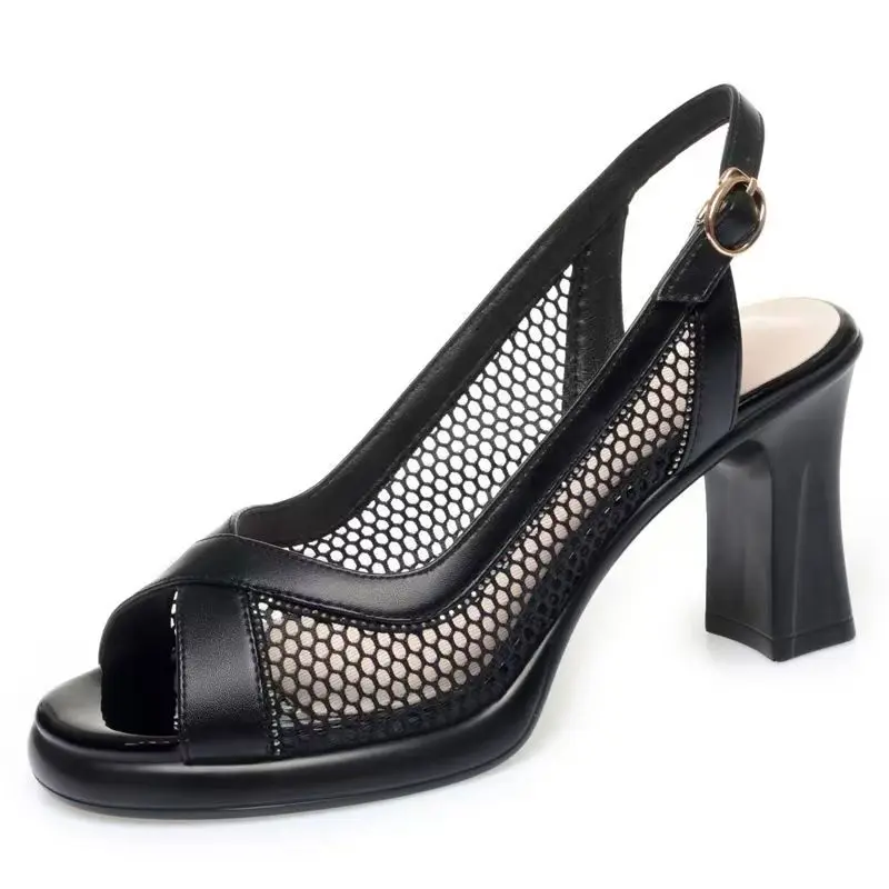 Women Summer New Mesh Block Heel Peep Toe sandals Soft Sole Shallow Buckle Strap Hollow Fashionable Black Color High Heel Sandal