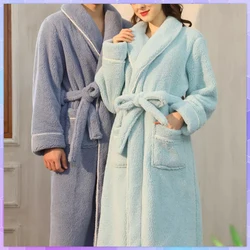 Winter Men's Bathrobe Women's Terry Kimono Robe Long Sleeve Warm Turn Down Collar Solid Fleece Dressing Gown For Couple халат