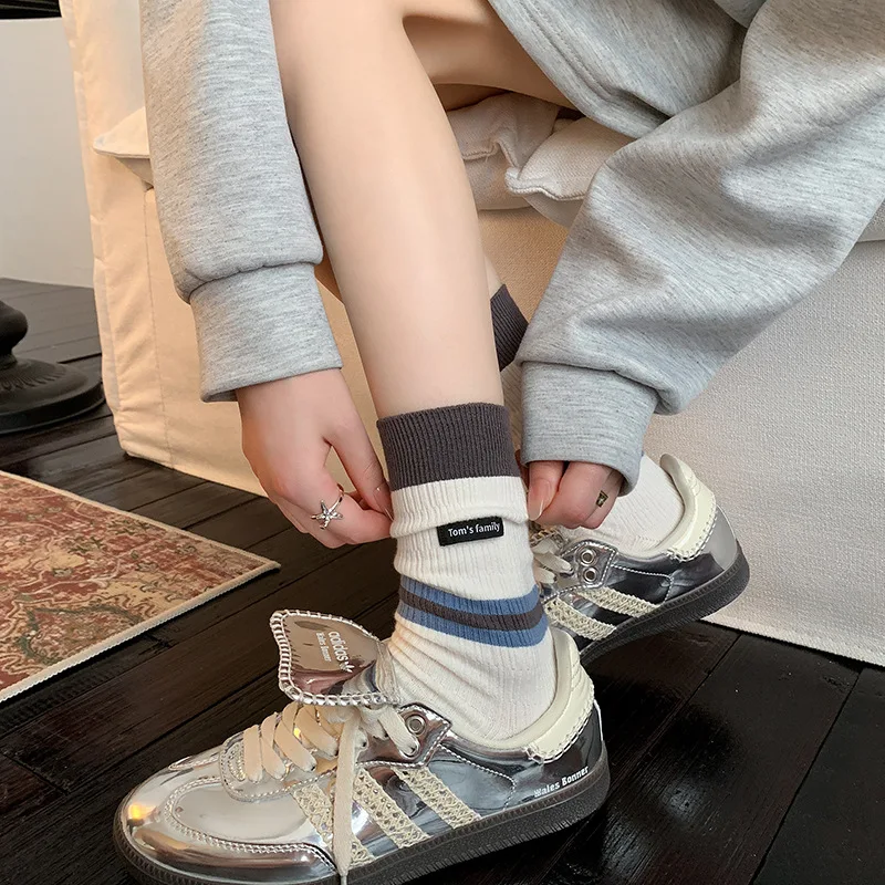 

Letter cloth labeled socks women new color block stripe mid calf socks trendy stack socks seamless