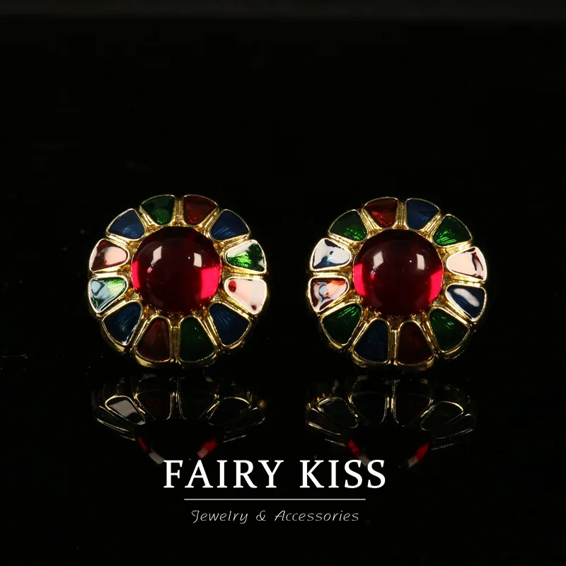 Palace Style Color Handmade Enamel Glaze Inlaid Exquisite and Versatile Earrings Retro Backflow High-Grade Temperament