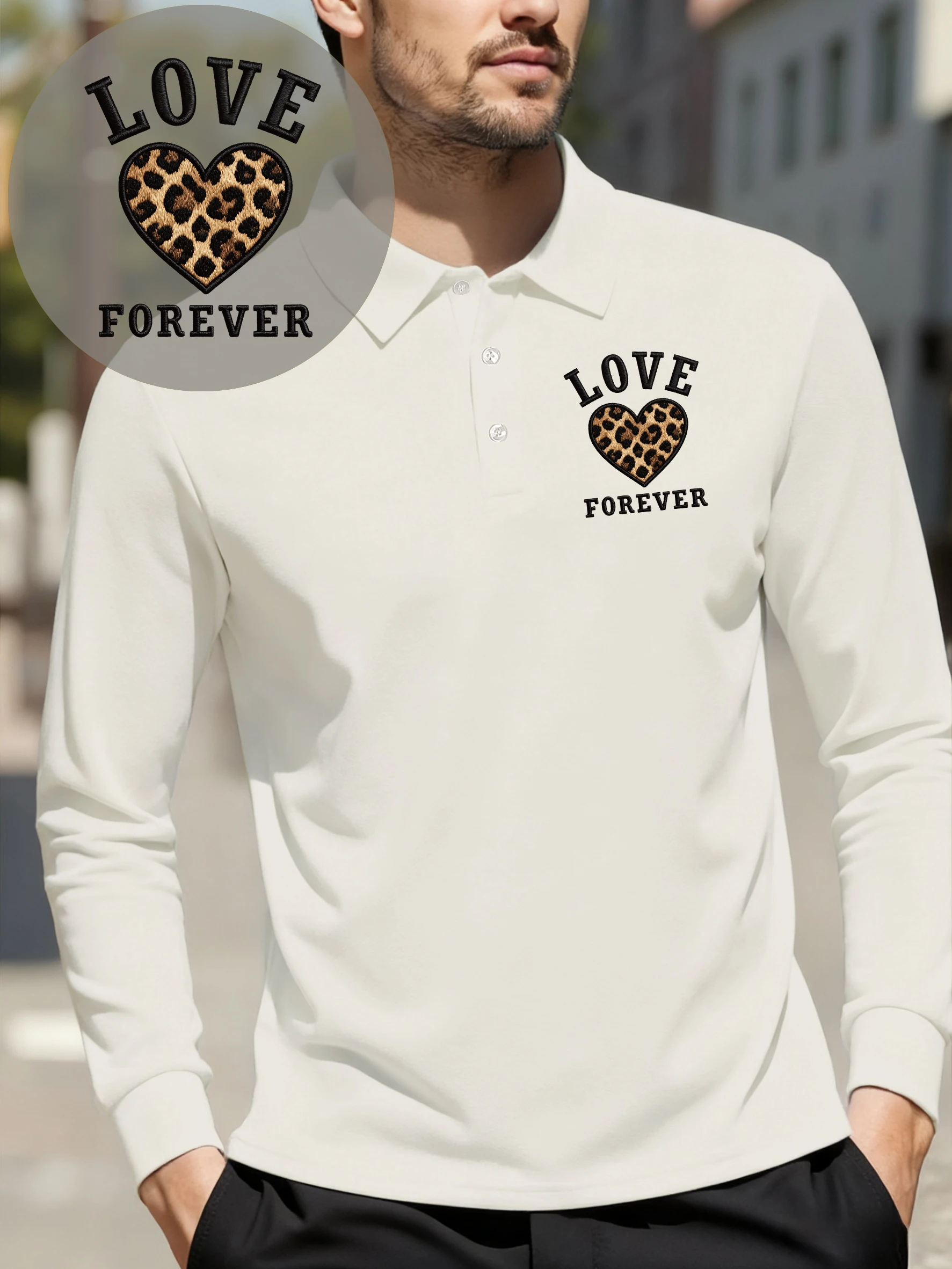 

Creative Leopard Print Love Forever Design Men T-Shirt Business Fleece Polo Shirt Casual Lapel Clothes Soft Autumn Long Sleeve