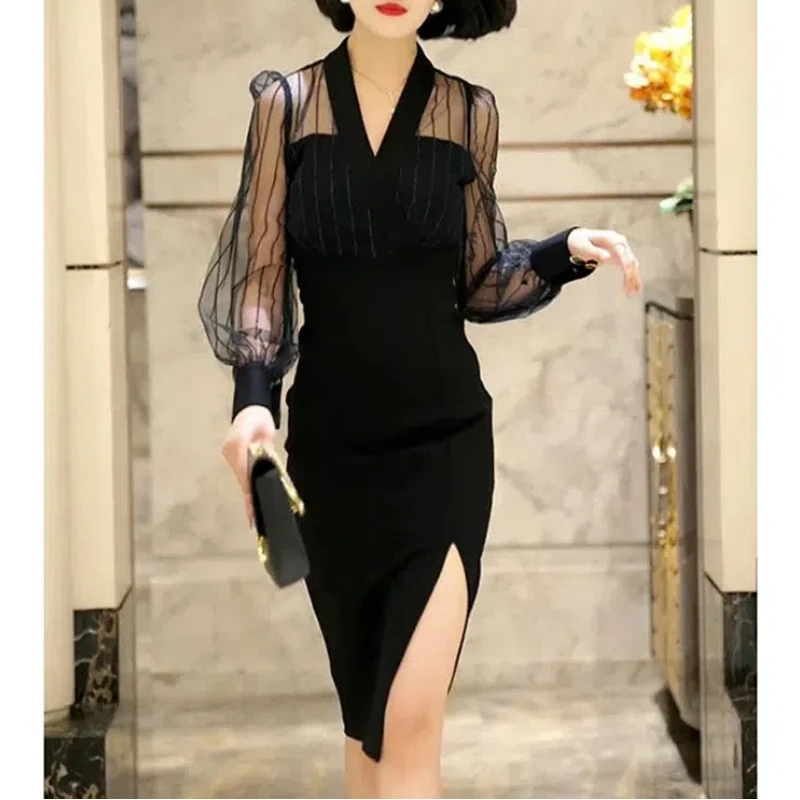 2024 Fashion New Pattern Temperament Mesh Gauze Spliced DesignShow High Show Off Weight Summer Commute High Street Dresses