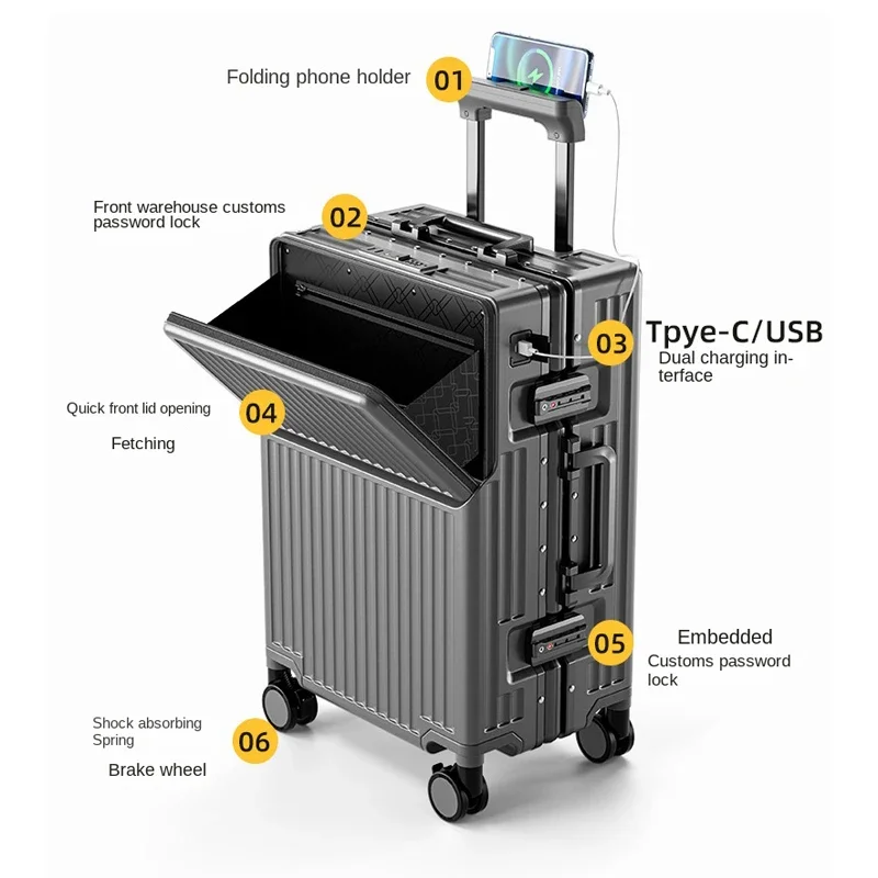 الألومنيوم الإطار الجبهة افتتاح غطاء حقيبة سفر مع حامل الكأس المتداول الأمتعة الصعود صندوق حقيبة تروللي بعجلات