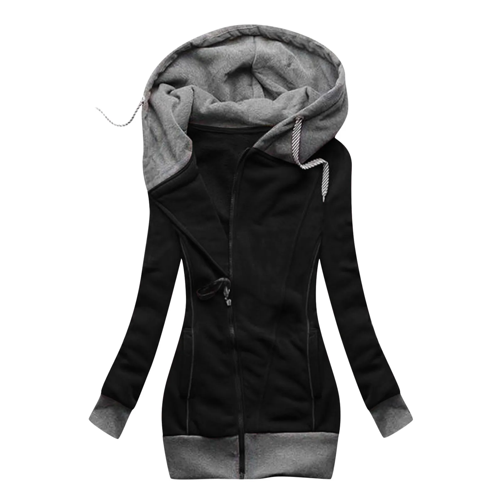 Casual Women Coat Leaves Print Hooded Long Sleeve Pockets Zipper Drawstring Cardigan Solid Color Long Winter Jacket for Outdoor