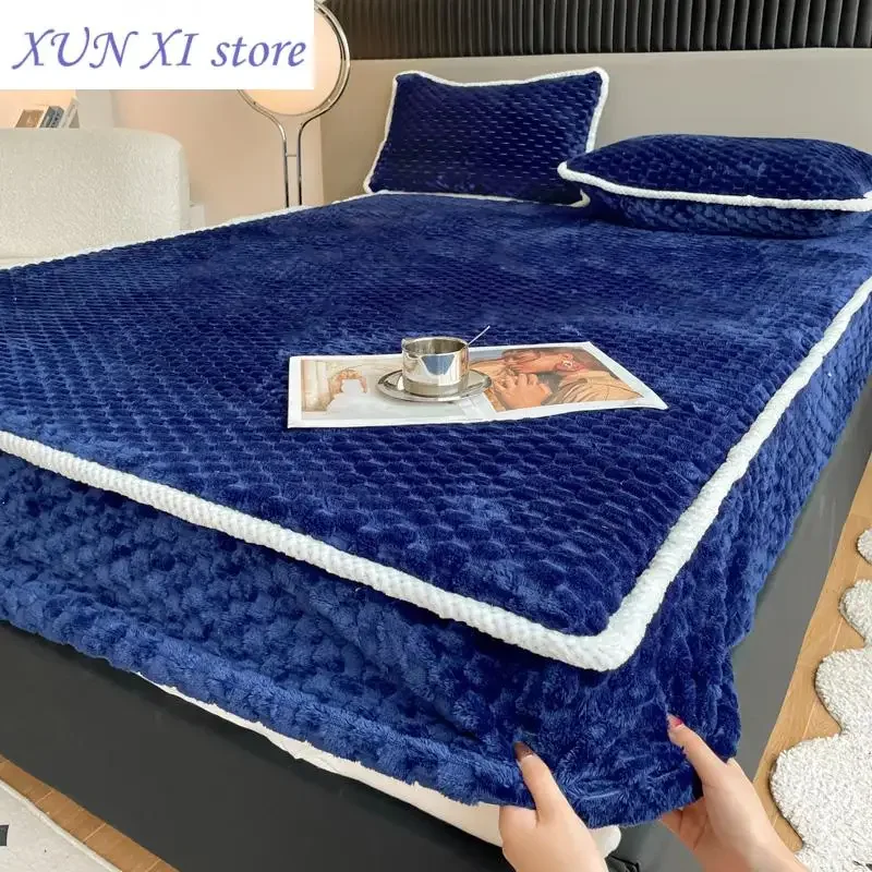 

New Plush Fitted Sheet Warm Bedsheet with Elastic Band Beige Mattress Cover Home Bed Covers(No Pillowcase)