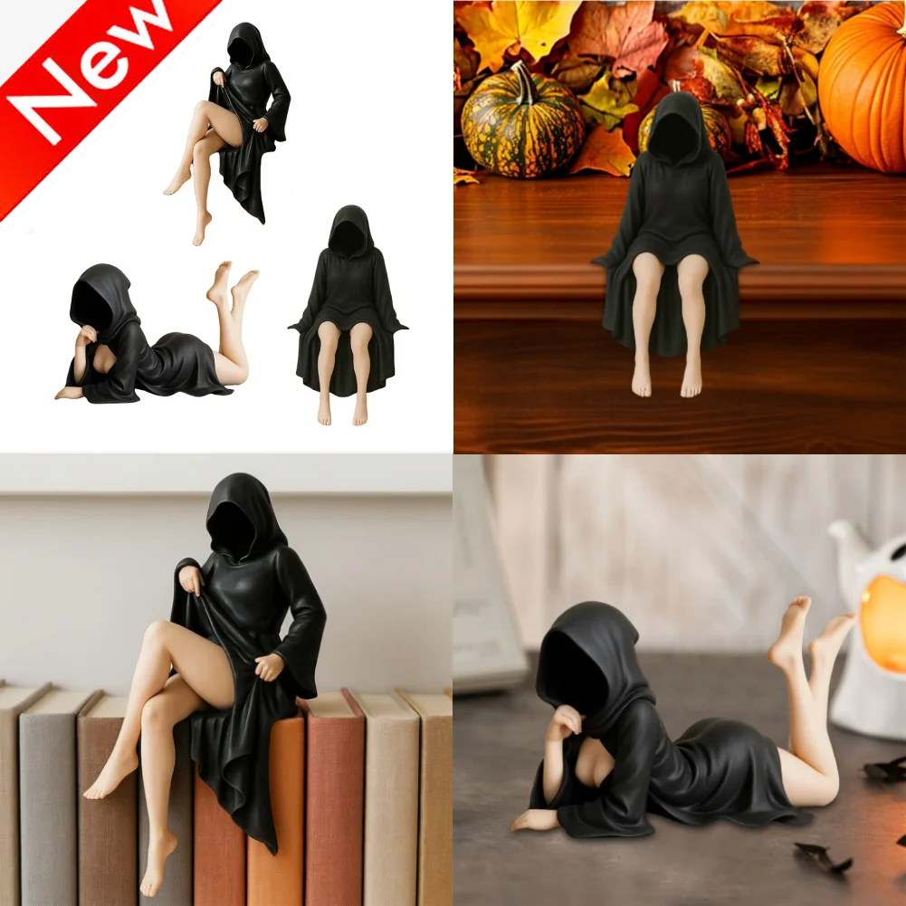Halloween 3D Black Robe Queen Figure Creative Bookshelf Sculpture Spooky Sitting Statues Desktop Ornaments Gifts Home Decor