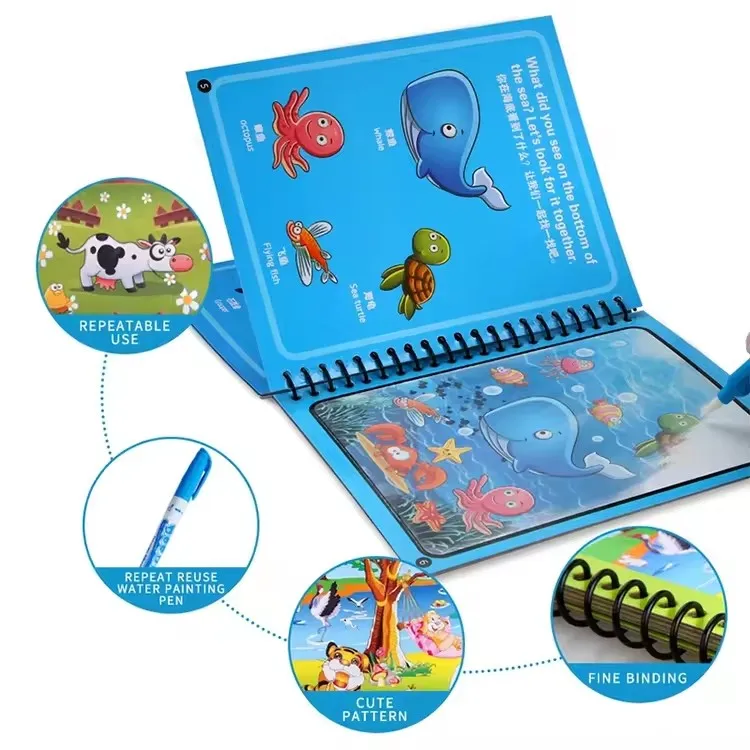 Livre de dessin à l'eau magique pour enfants, livre de peinture et de coloriage à l'eau avec 1 stylo magique, jouets pour enfants