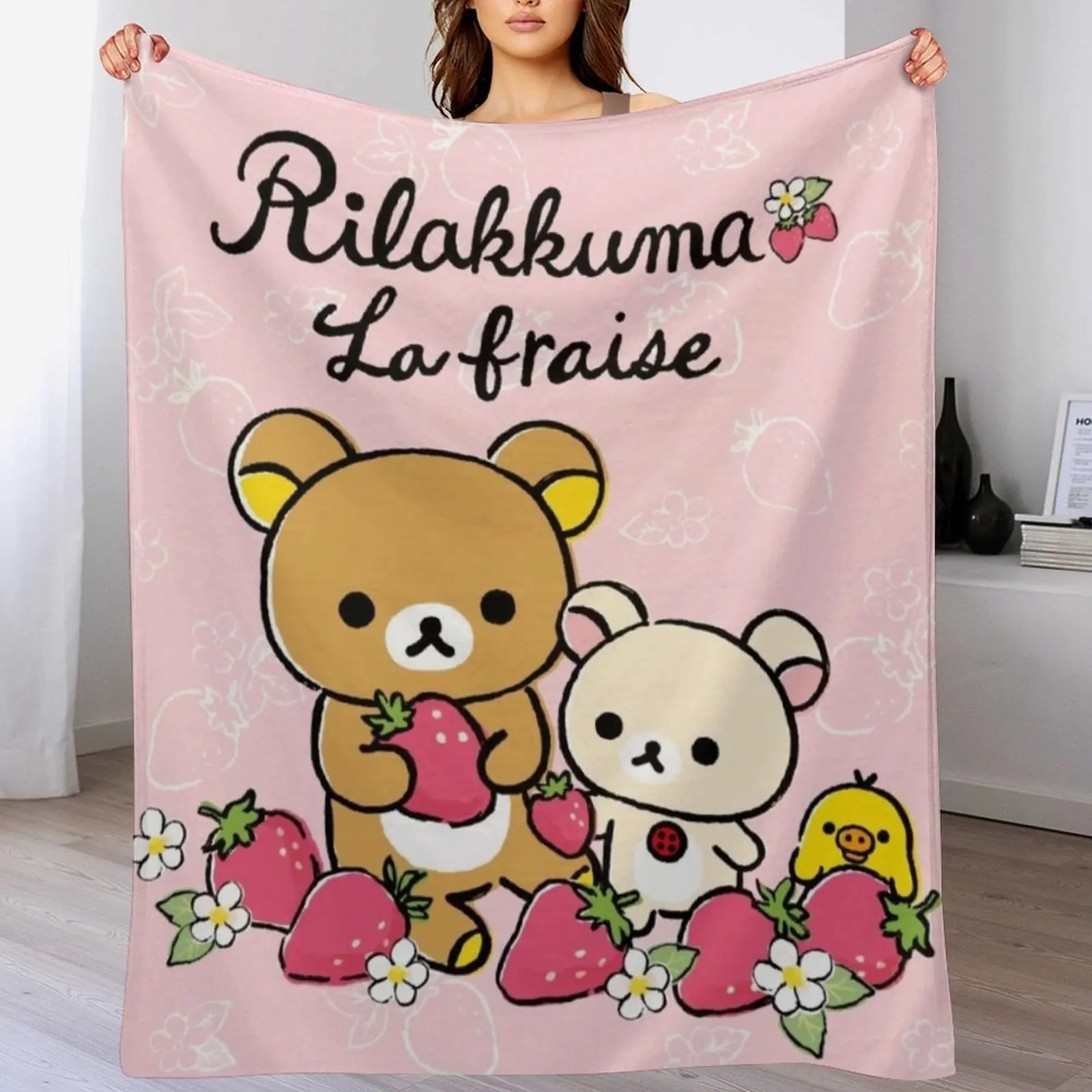 

Cute Rilakkuma strawberry Throw Blanket Baby Shaggy Soft Beds Summer Beddings Blankets