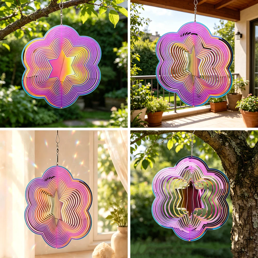 Colorful Iridescent Stainless Steel Solomon Star Wind Spinner 3D Rotating Hexagram for Garden Home Outdoor Decor Ornament Gift