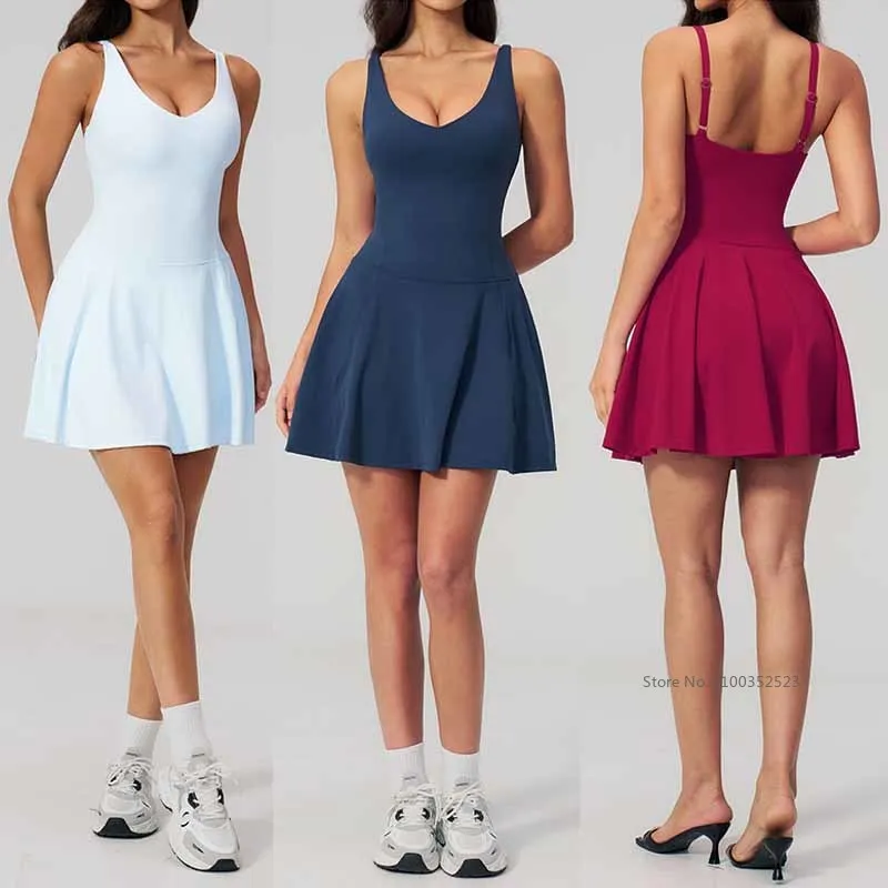 Women Quick-dry Sleeveless Sports Dress V-neck Sexy Golf Tennis Dresses Ladies Gym Summer Pleated Yoga Skirt with Short