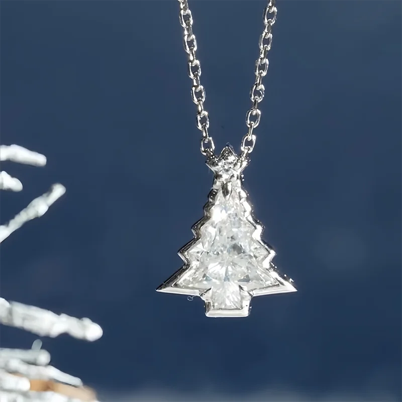 0.4Ct Christmas Tree Shaped Cut Lab Grown Diamond CVD HPHT Pendant Necklace 14K White Gold DEF VS-VVS 18 inch Christmas necklace