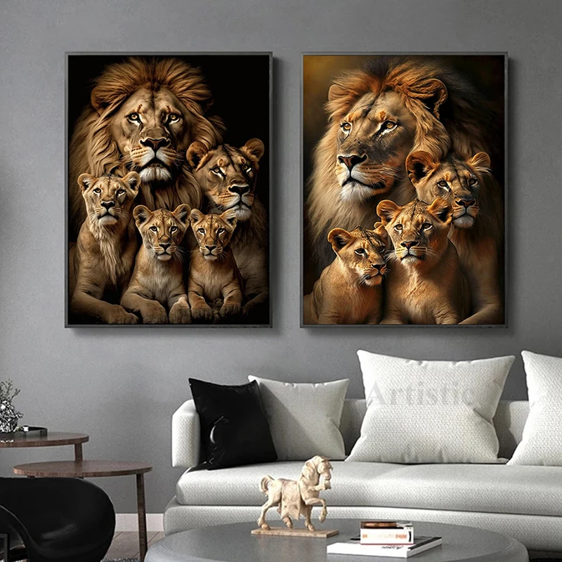 القوة في الوحدة - الأسد الأسرة قماش اللوحة الحيوانات الملصقات يطبع قماش جدار الفن الأسد صور لغرفة المعيشة ديكور المنزل #2