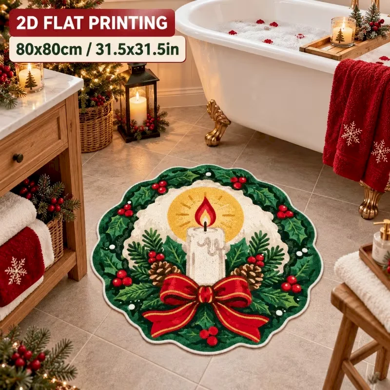VIKAMA Christmas Round Rug Soft Plush Shaggy Non Slip Washable Candle Holly Berry Bow Religious Decor Home Rug
