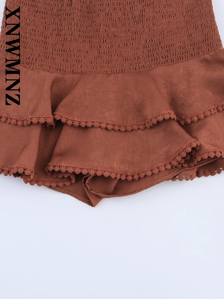 XNWMNZ 2025 verano mujer club moda banda elástica falda con gradas pantalones Sexy señora marrón empalme pantalones cortos Chic cintura alta