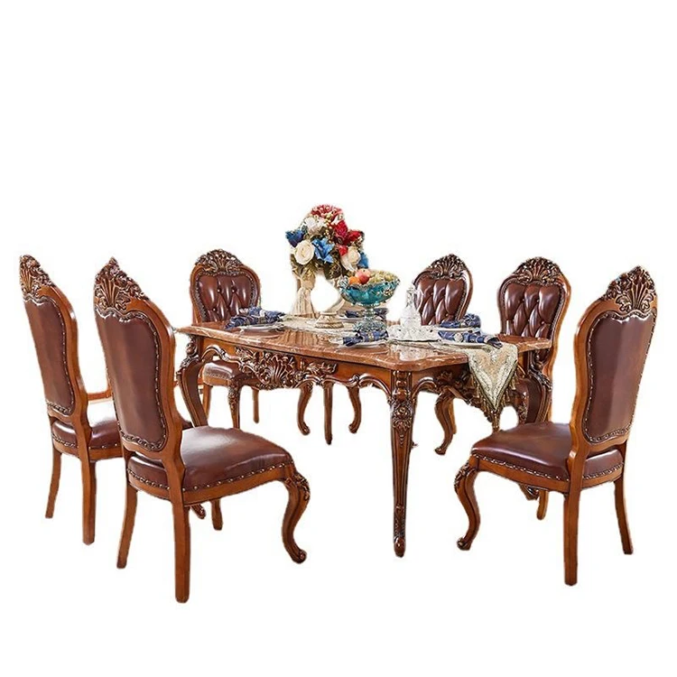 

#Luxury Dining Room Furniture European Solid Wood and Marble Dining Table and Chair Set 6 Seats Combination