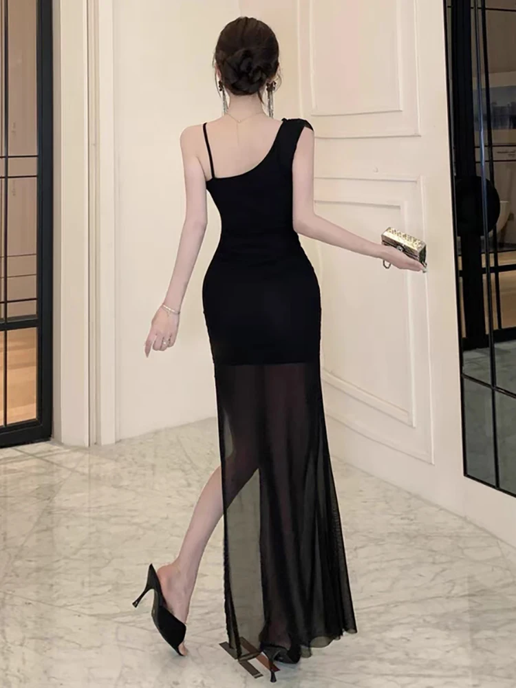 RORORIRI Sheer Mesh Stitch Sequin Camisole Dress Women One Shoulder Slim Bodycon Slit Draped Long Dress Sexy Vintage Party Gown