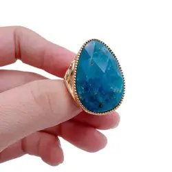 YYGEM Natural 23x32mm Blue Apatite Natural Stone Ring Gold Plated Rings For Women Girl Friend Gift