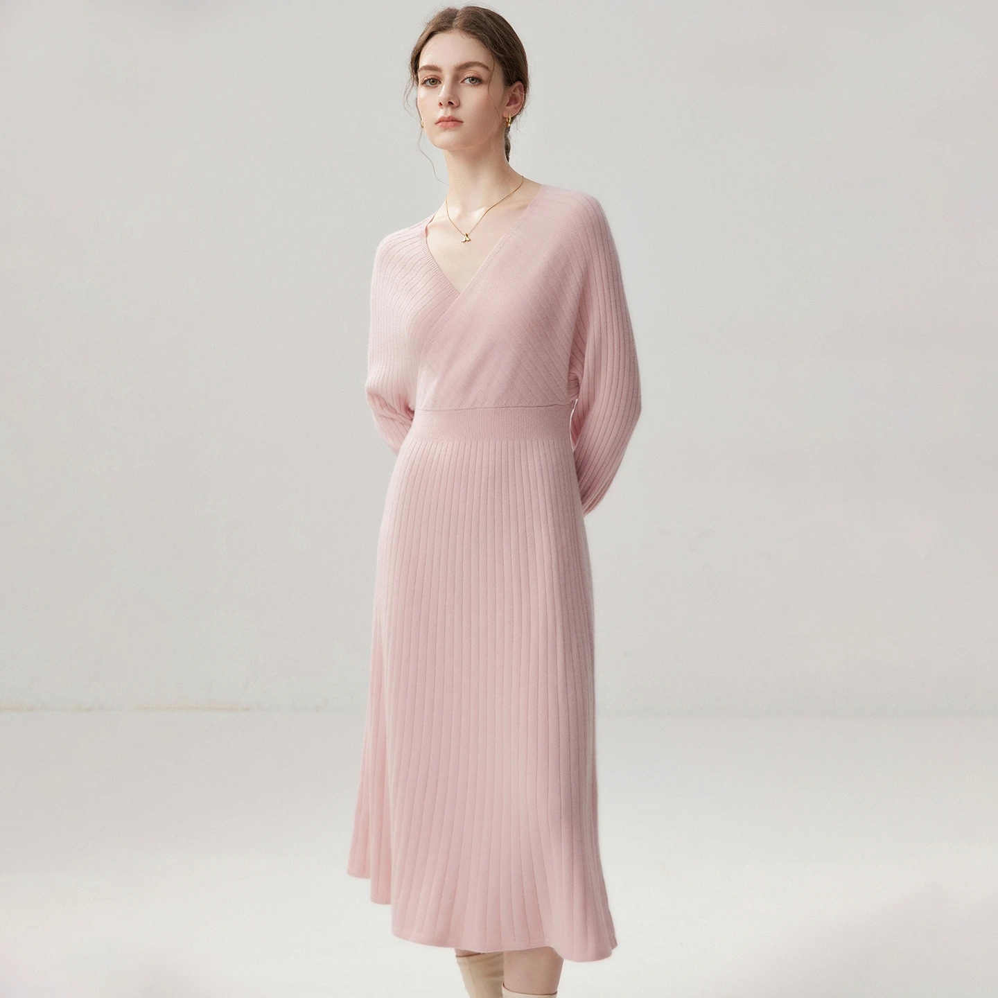Women's Sweater Knit Slim Dress 100% Cashmere Autumn Winter Sweater Intersecting Collar Skirt lantern Sleeve Slant Opening Dress