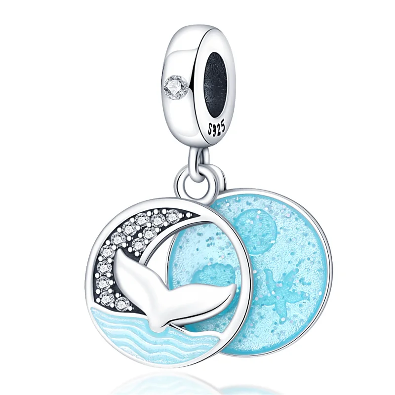 Ocean Seashell Charms Plata De Ley 925 Silver Blue Dolphin Mermaid หาง Charms เหมาะกับ Pandora สร้อยข้อมือลูกปัดคริสตัลเครื่องประดับ DIY ทำ