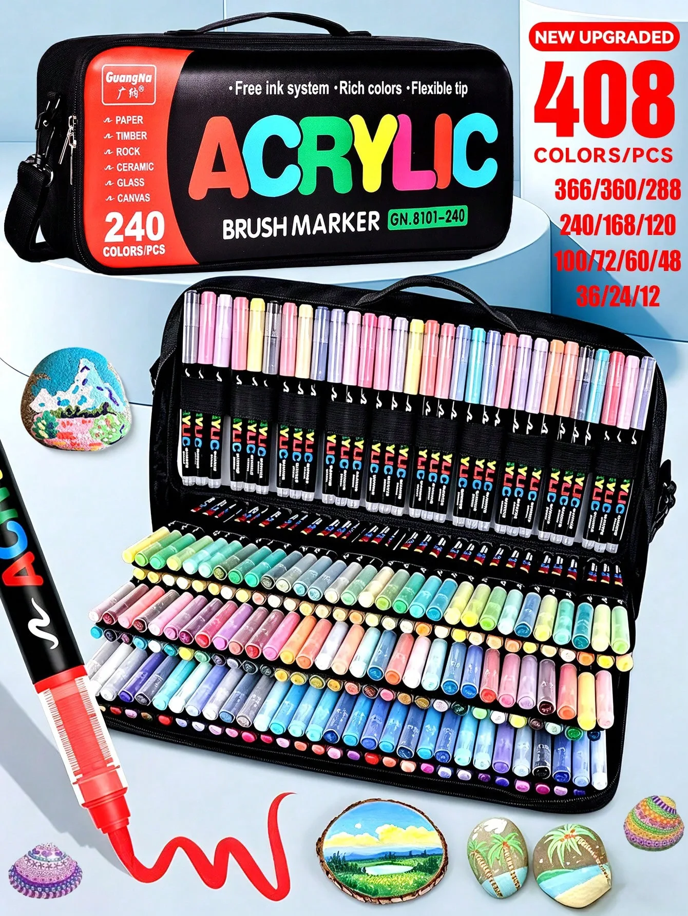 Guangna Brand Marker Pens Classic 12-Color-488-Color Large Color Series Set, Suitcase-Style Colored Acrylic Paint Markers, Professional Illustrator's Direct Liquid Ink Control Markers, a Wide Range of Colors, Felt-Tip (Soft Tip) Design, Elastic Strokes, Can Both Outline Lines and Apply Color over Large Areas, Not Limited to Paper, Also Suitable for Canvas, Stone, Wood, Glass, Ceramics, Fabric