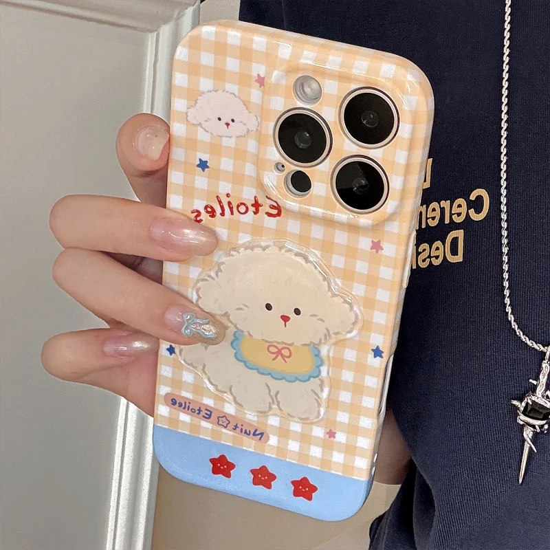 เคสโทรศัพท์ลายการ์ตูนสีเหลือง Apple16 เหมาะสำหรับ iPhone17promax สายคล้องคอ 3D Puppy 13 นุ่ม 14