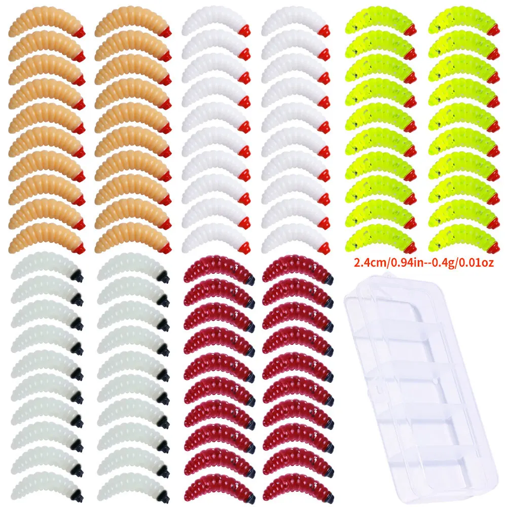 100pcs/Box Soft Maggot Grub Lure Set 2.4cm 0.4g Lifelike Worm Silicone Bait for Trout Perch Bass Bread Worm Fishing Pesca Kit