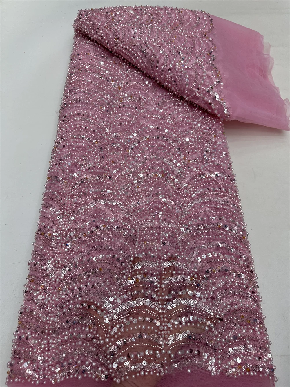 Pink Beaded Lace Fabric Luxury Sequins High Quality African Lace Fabric Embroidered Fabric Of 5 Yard 2024 Evening Party Dress