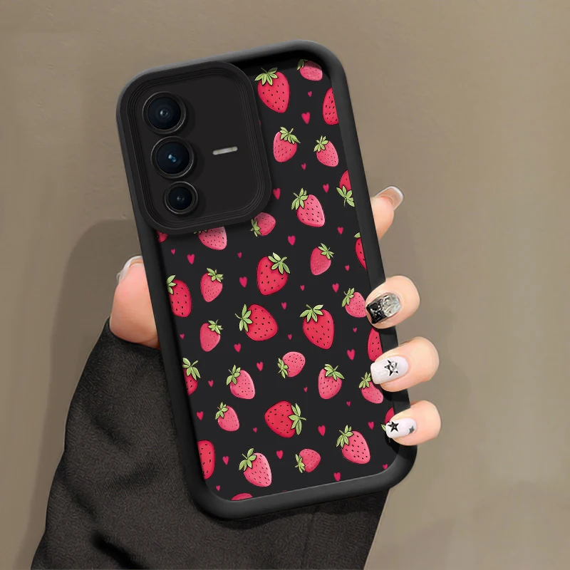 Silicone Phone Case For Vivo V70 FE V60 Lite V30 SE V30E V29 V27E V25 V23 V50 V40 Pro Strawberry Pattern Shockproof Soft Cover view 4