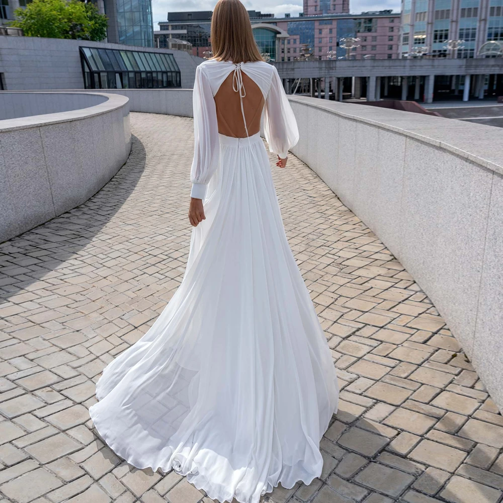 Customized Long Puff Sleeves Wedding Dresses A Line Deep V Neck Bridal Grown Chiffon Handmade Flower Open Back Vestido de novia