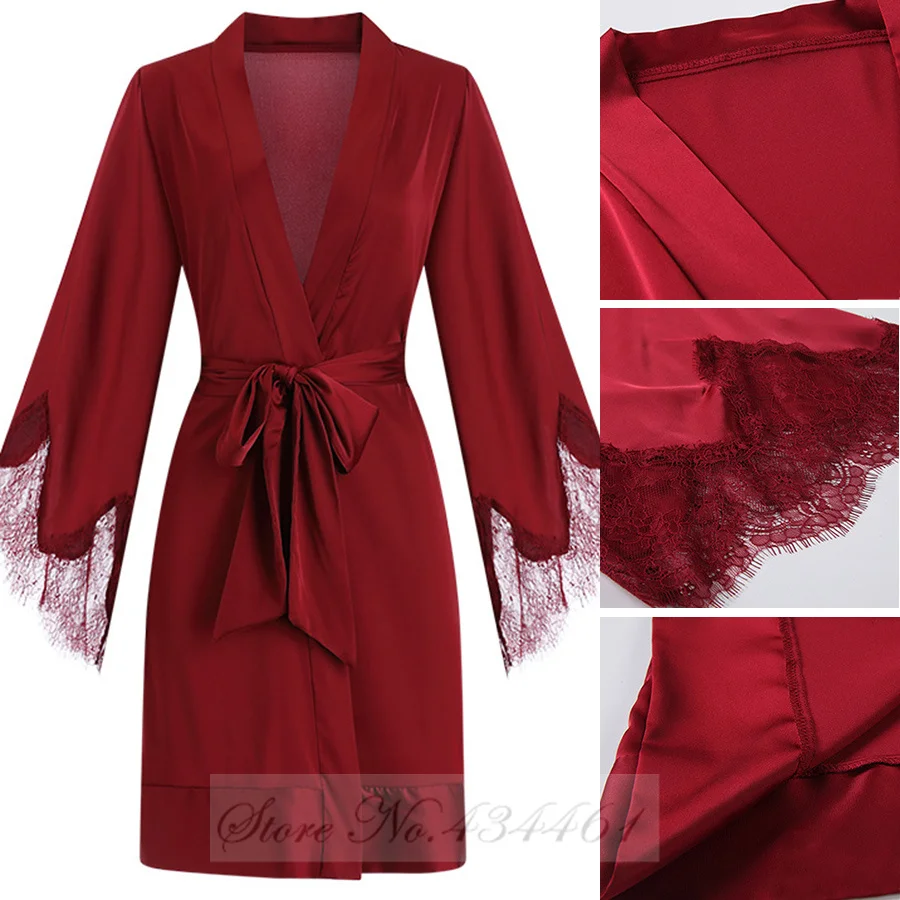 Rote Braut Hochzeit Robe Weibliche Nachtwäsche Nachthemd Frühling Sommer Nachthemd Sexy Spitze Kimono Bademantel Kleid Lose Satin Hause Tragen